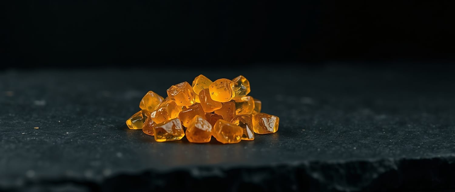 Polished pieces of golden amber resin catching warm light on dark slate.