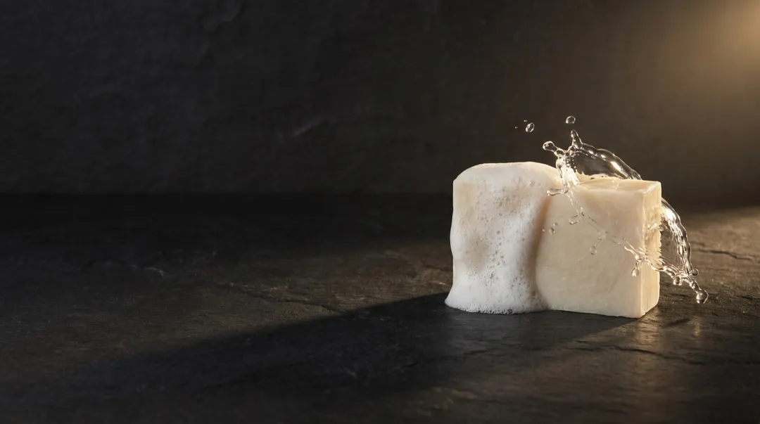 A cream soap bar, half covered in lather, with a splash of water on dark slate.
