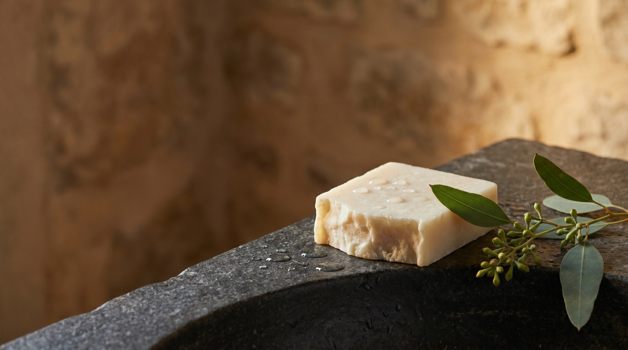 A cream bar of soap with water droplets and a sprig of eucalyptus on dark stone.
