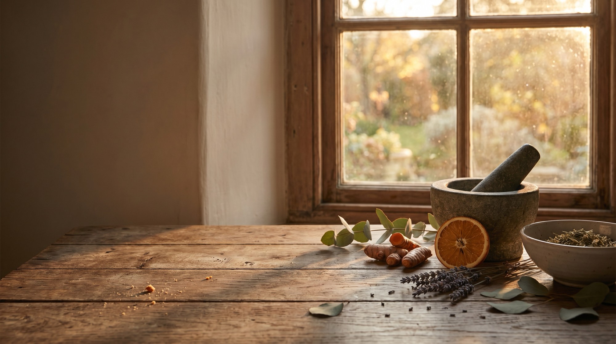 A warm wooden table by a window with a stone mortar and pestle and scattered botanicals.